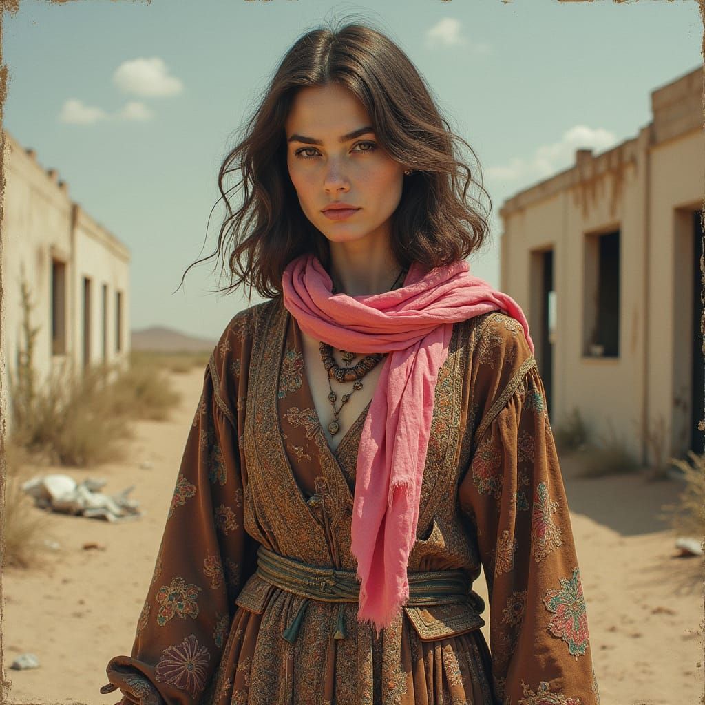 Mystic Nomad in Windswept Desert Landscape