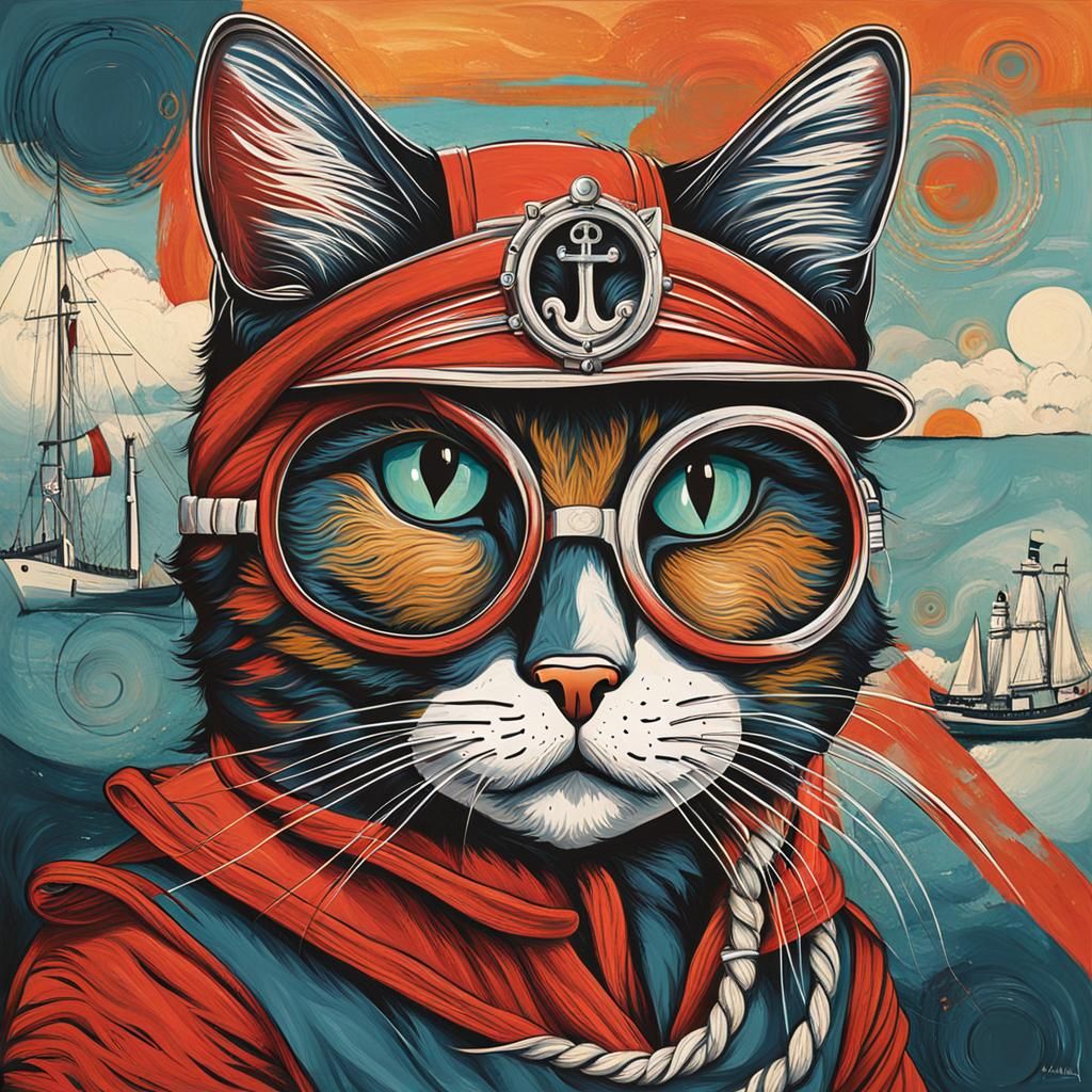 Nautical Sailor Cat in Abstract Art Style