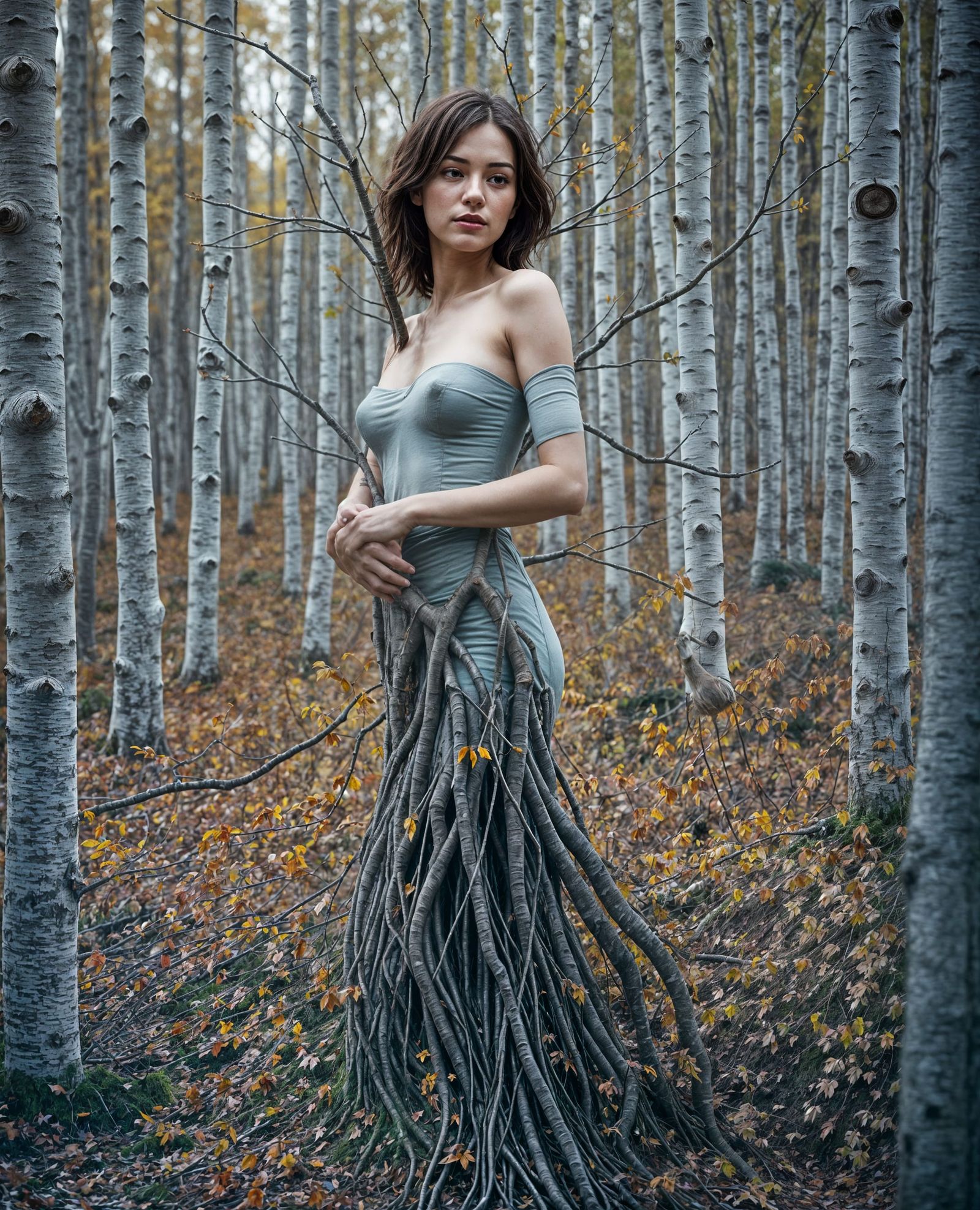 Surreal Forest Scene: Woman Transforms into Tree