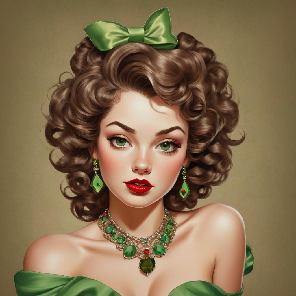 Retro Hollywood Pin-Up Beauty in Green and Red