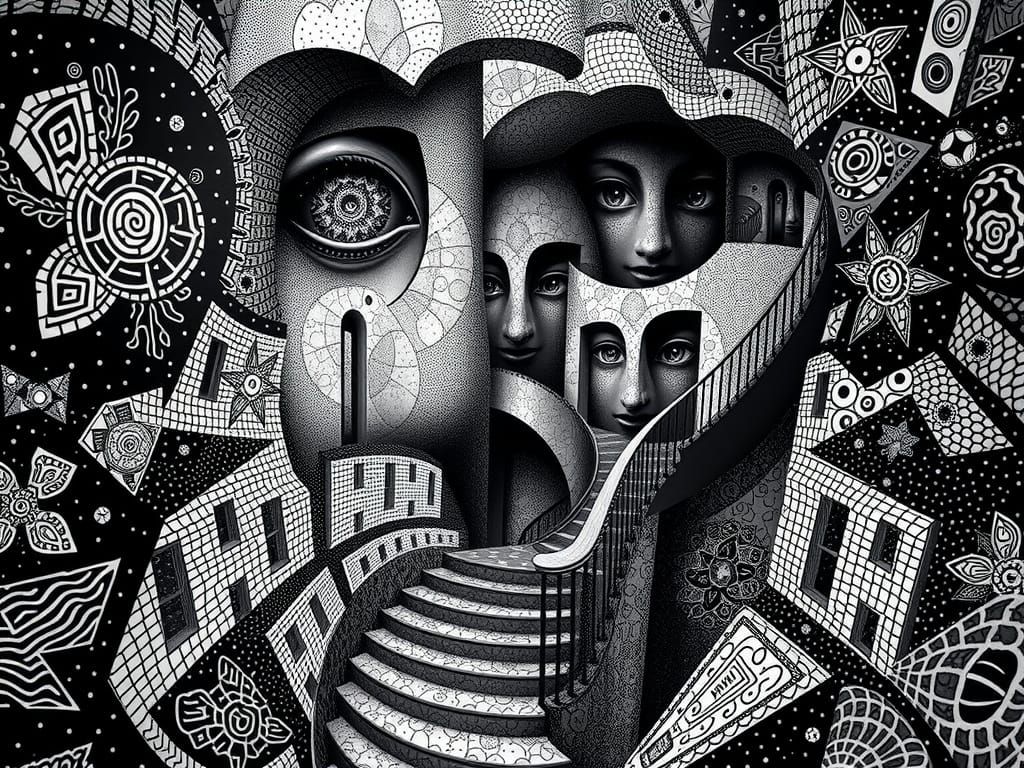 Surreal Staircase with Escher-Inspired Tessellations and Kli...