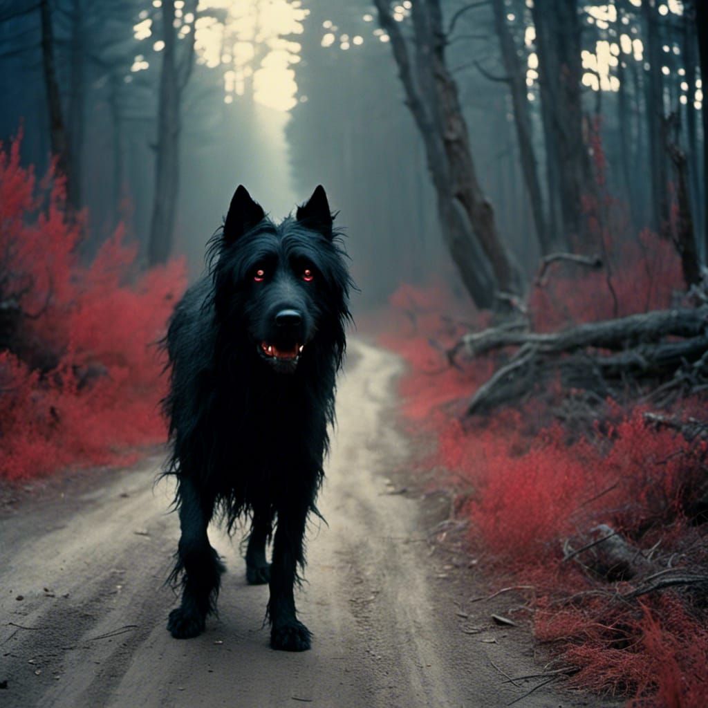 Ethereal Black Dog on Misty Rural Road