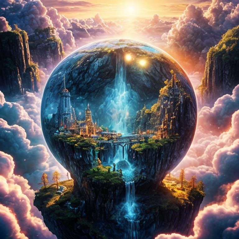 Elven City in the Clouds with Waterfall