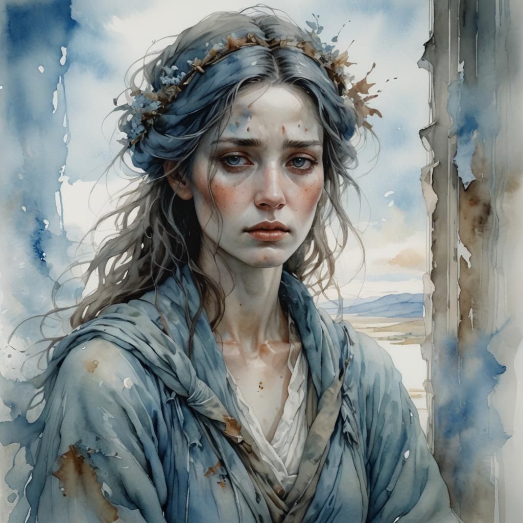 Ethereal Blue Woman in Abstract Expressionist Style