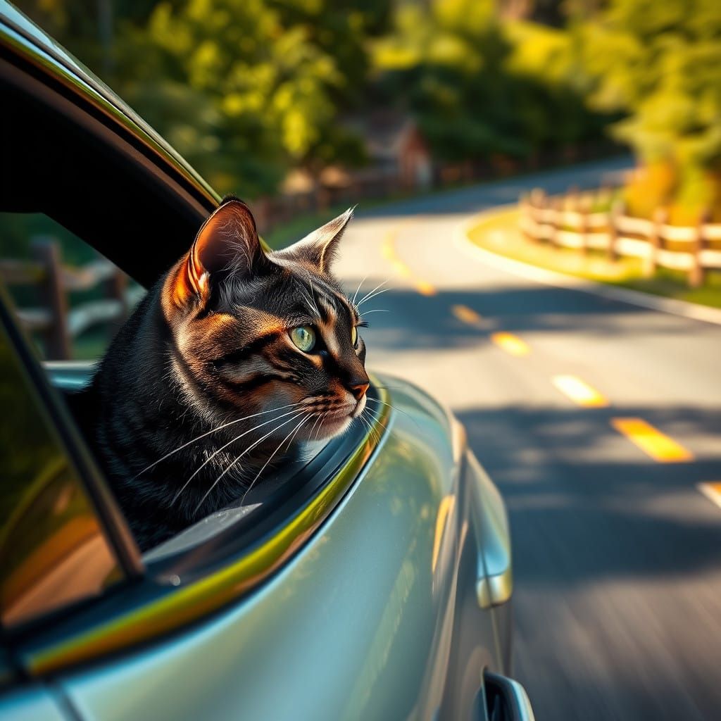 Speeding Car with Gazing Feline in Sunlit Landscape