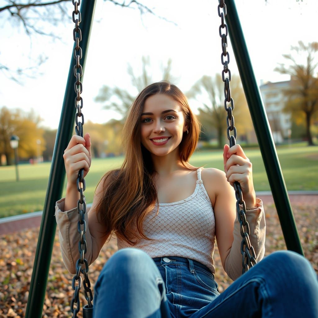 Woman Looks Beautiful on Park Swing