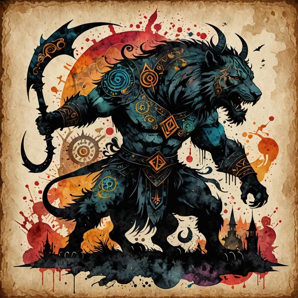 Beast Tamer Silhouette Illustration with Watercolor Effects