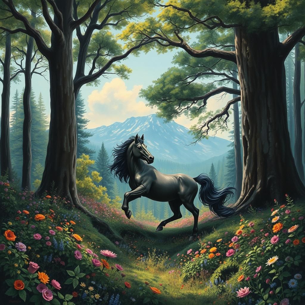 Enchanted Forest with Black Unicorn, Mixed Media Art