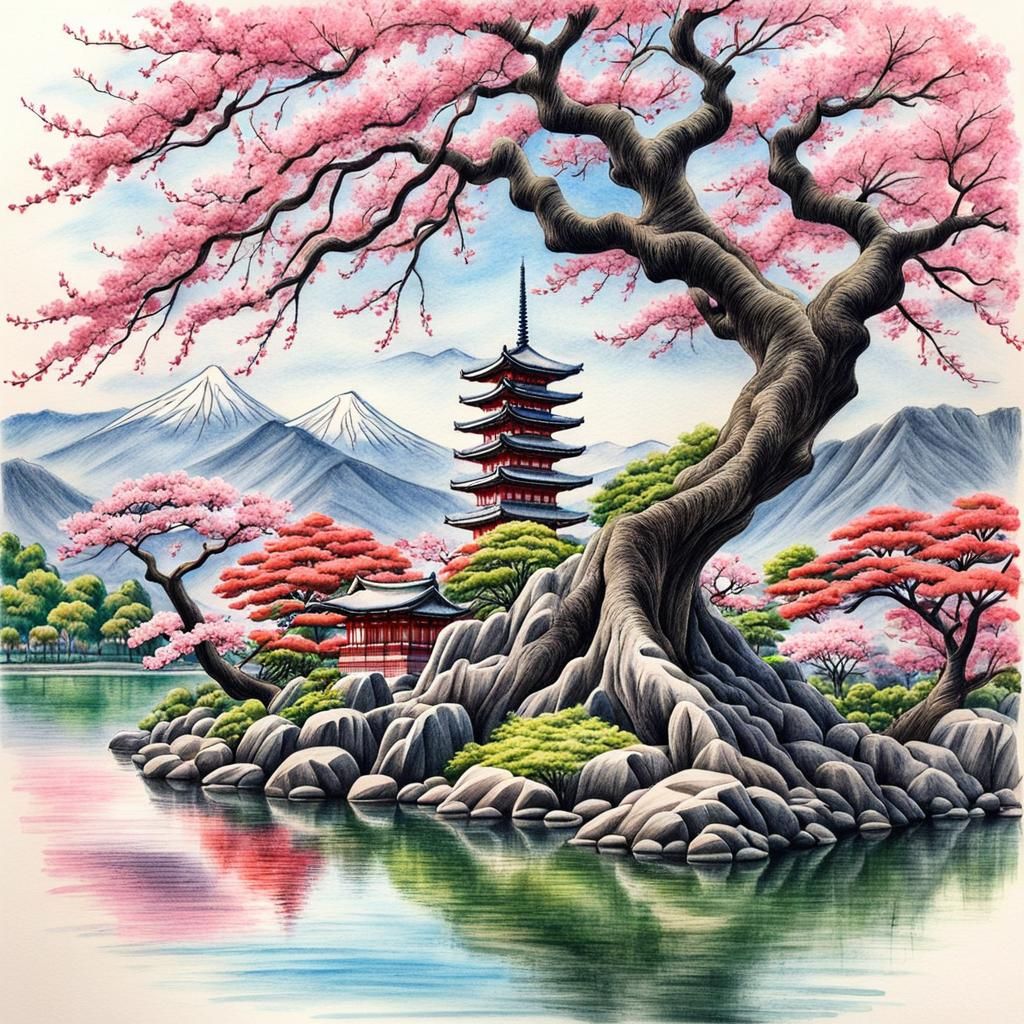 Sakura Tree Pencil Crayon Drawing with Lake View