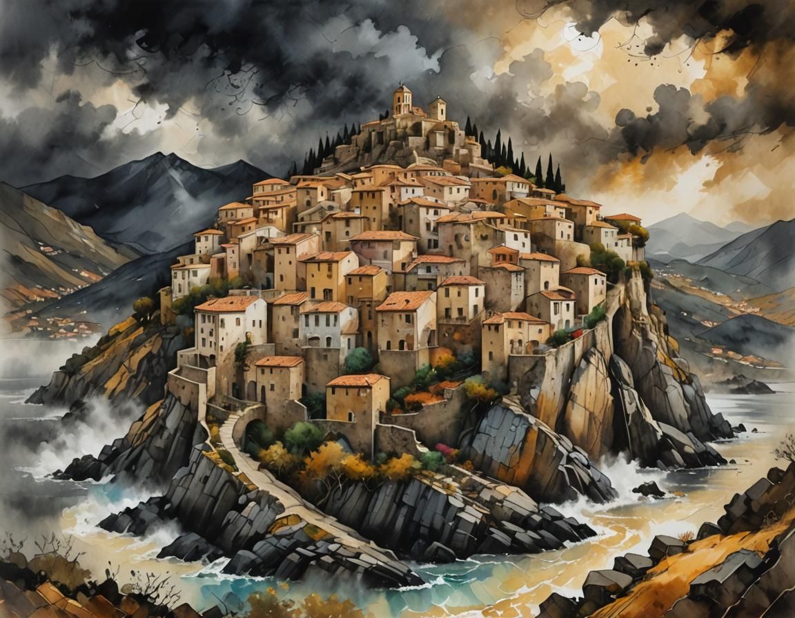 Stormy Mediterranean Village Painting in Mixed Media Style