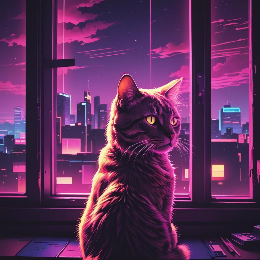Cat Gazing Through Window in Synthwave Style