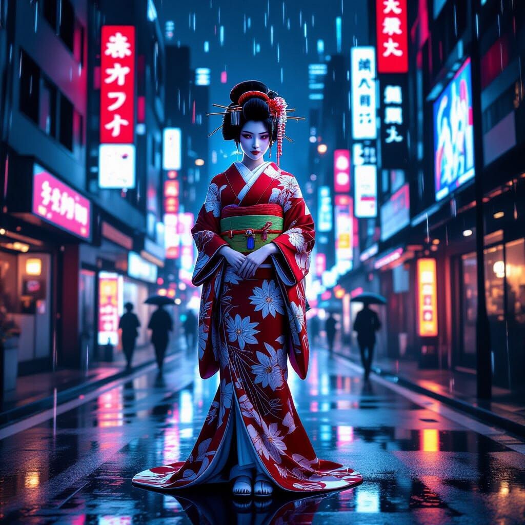 Cyberpunk Geisha in Futuristic Tokyo with Fiber Optics
