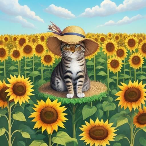 Kitty in Sunflower Hat: Whimsical Digital Art