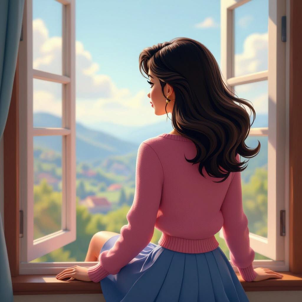 Young Woman Gazes at Vista in Vibrant 3D Animation Style