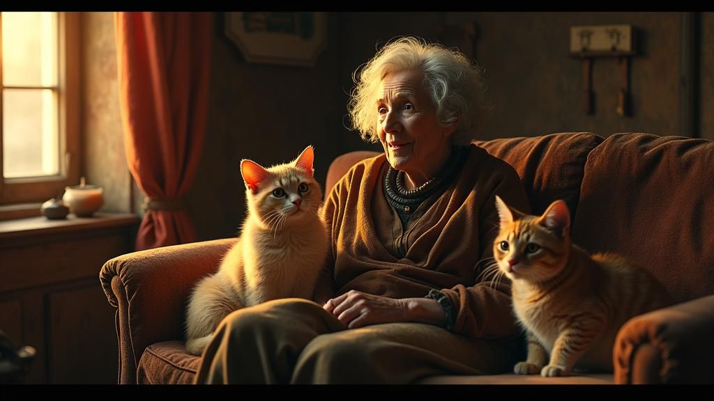 Elderly Woman and Cats in Fantasy Art Style