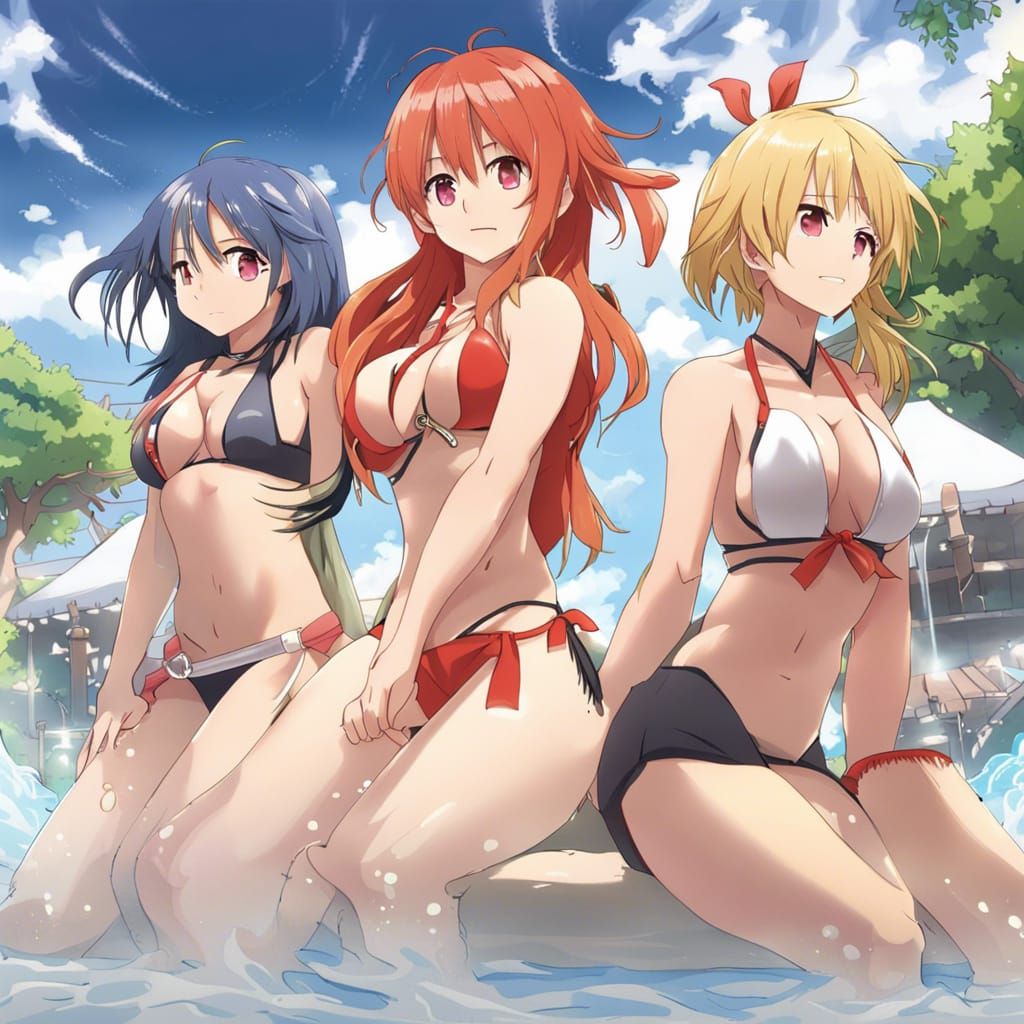 Anime Girls at Beach in Japanese Manga Style