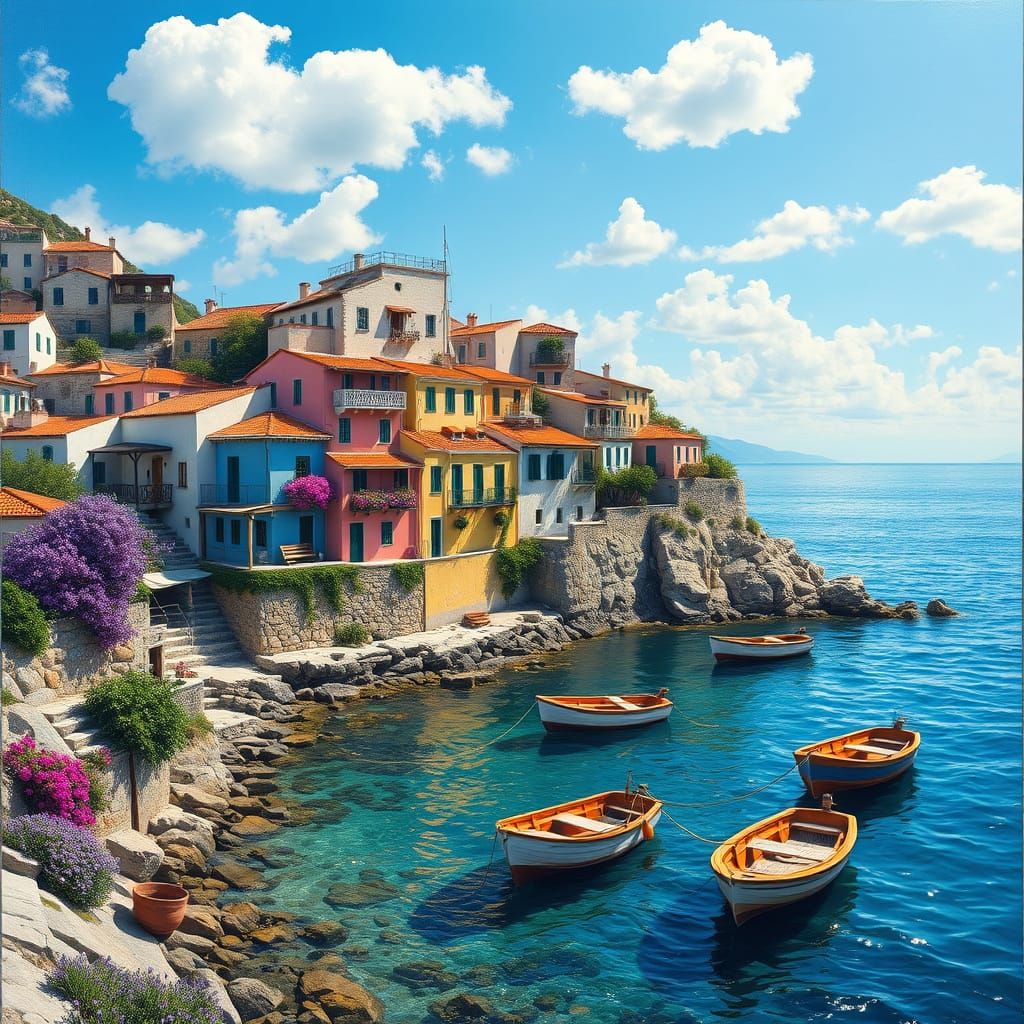 Surreal Greek Village by the Aegean Sea in Vibrant Colors