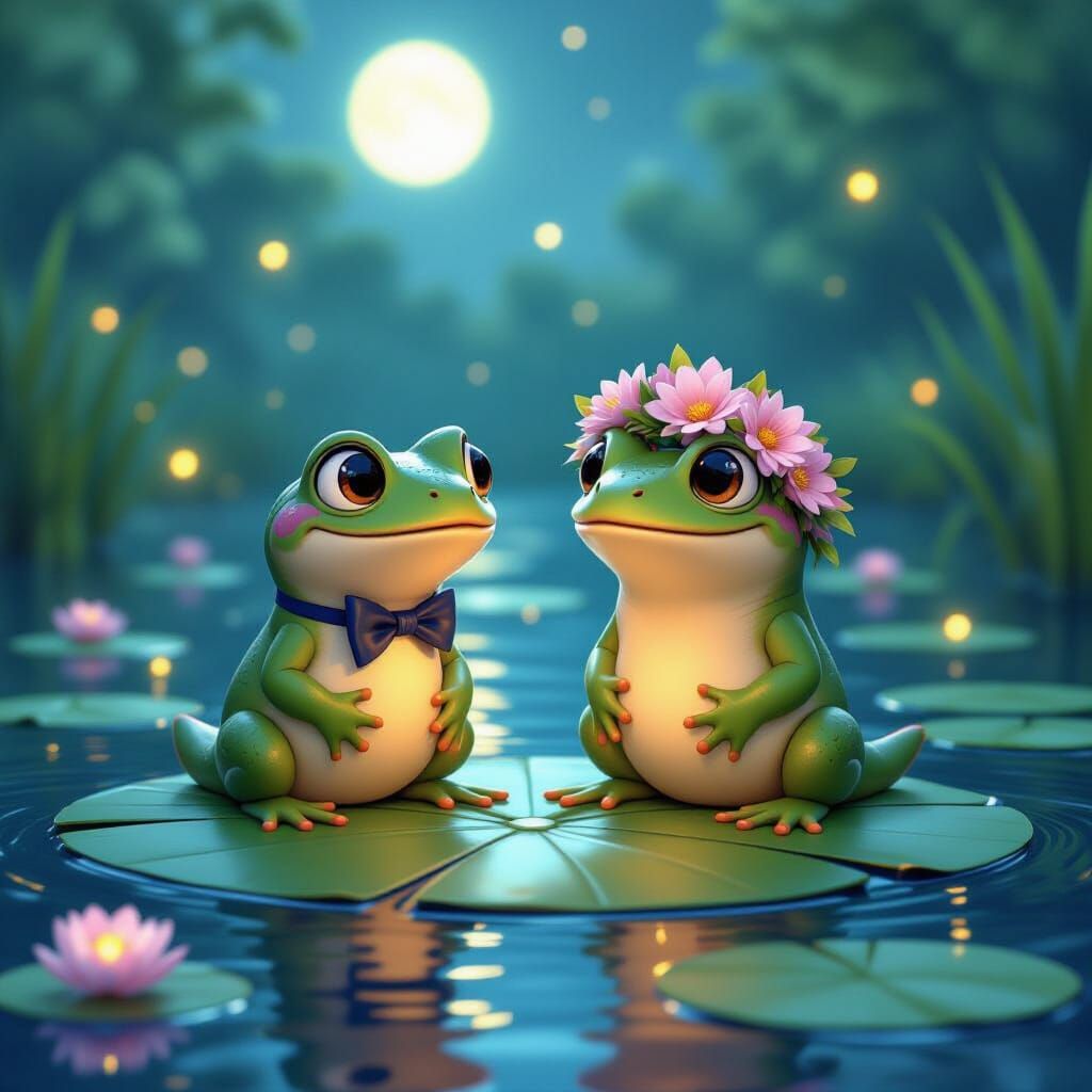Romantic Pond Scene with Tadpole and Frog, Pixar Style