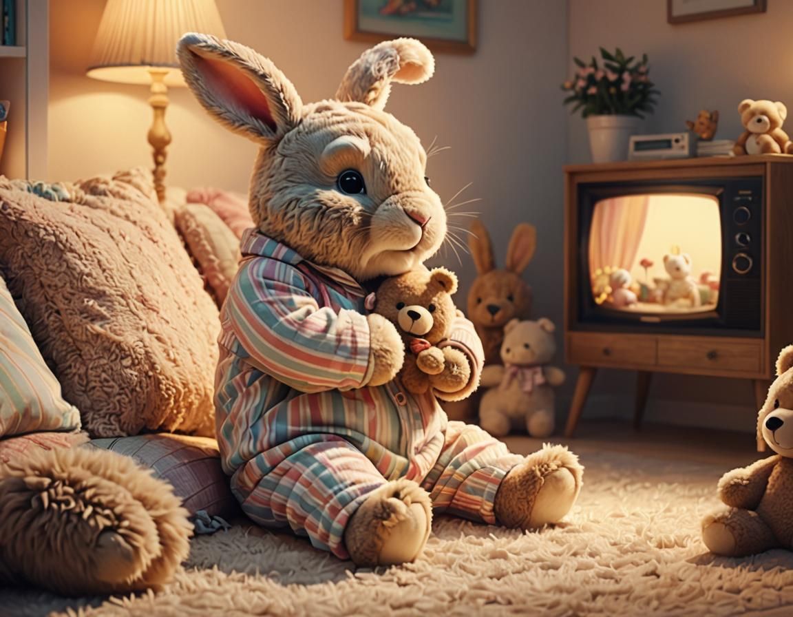 Rabbit in Pajamas with Teddy Bear: Digital Art