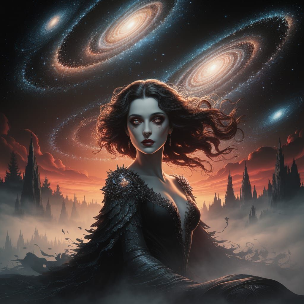 Mysterious Gothic Sorceress in Cosmic Night Sky