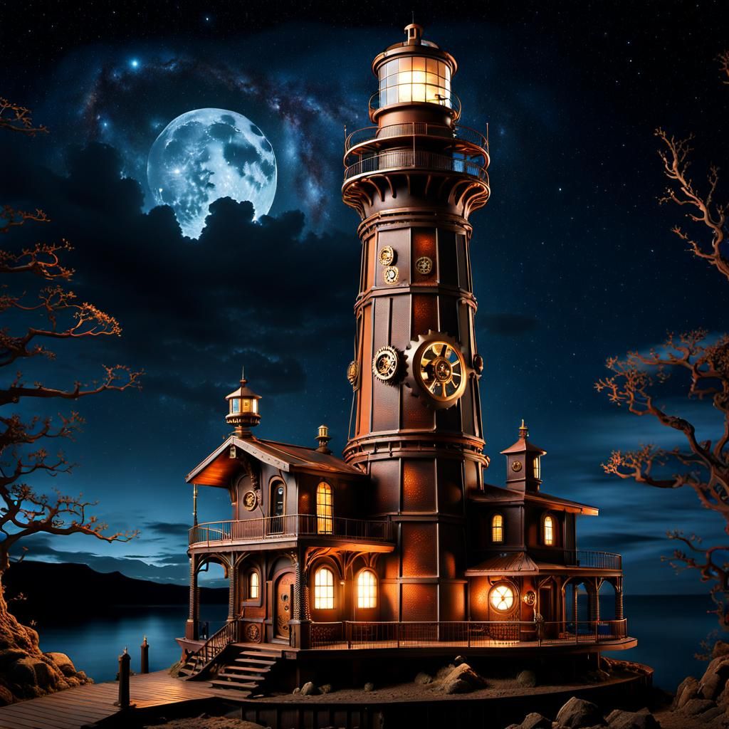 Steampunk Lighthouse at Night: Fantasy Illustration