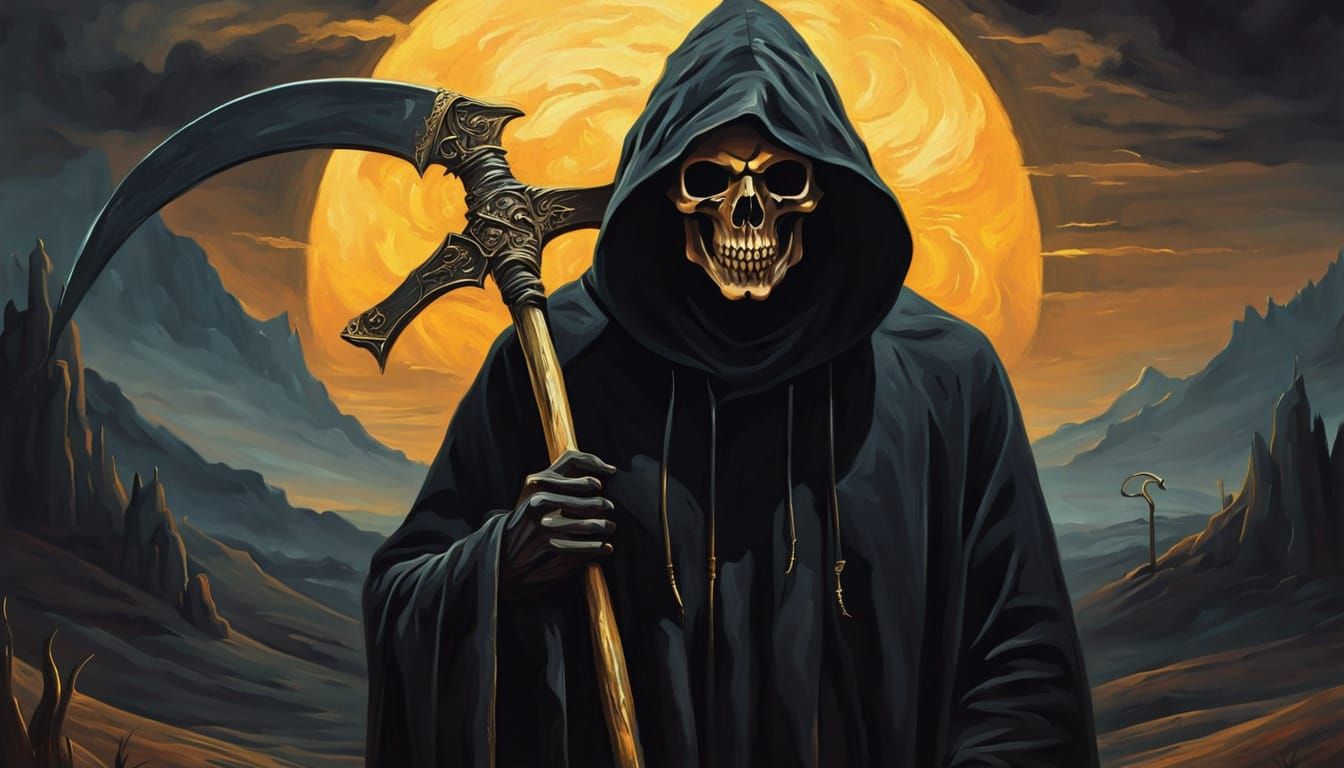 Surreal Reaper with Scythe in Oil Painting Style