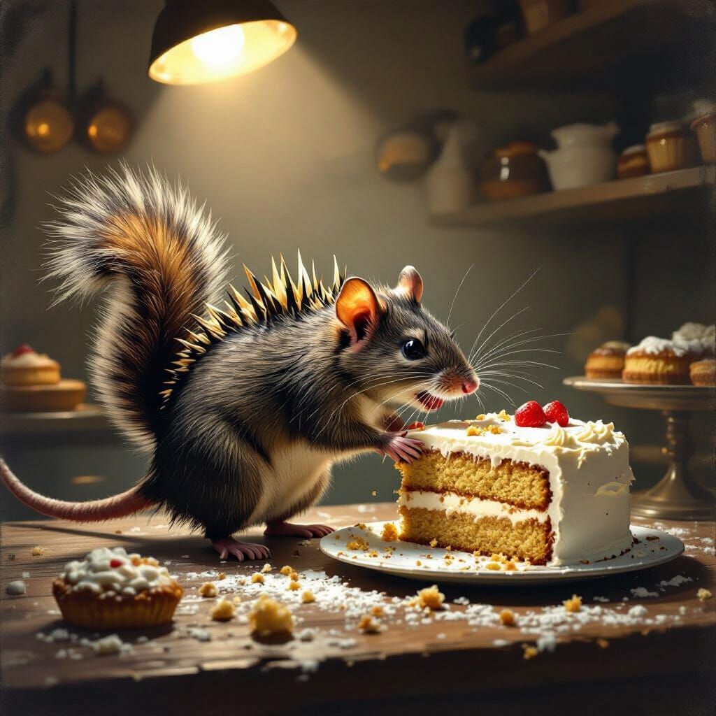 Bizarre Creature Steals Cake in Dramatic Bakery Scene