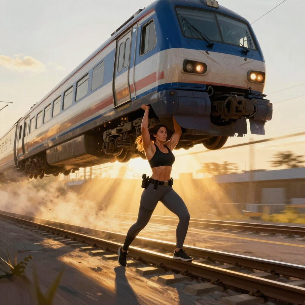Muscular Officer Lifts Train in Golden Hour Sunlight