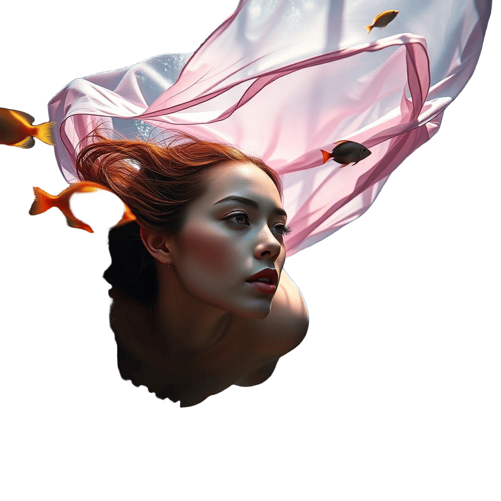 Hyperrealistic Underwater Scene with Model and Vibrant Coral