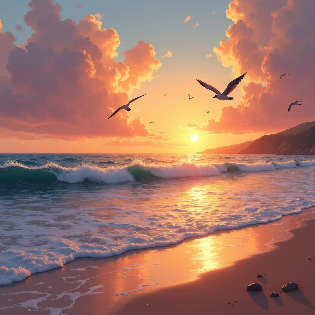 Impressionist Seaside Sunset with Golden Light