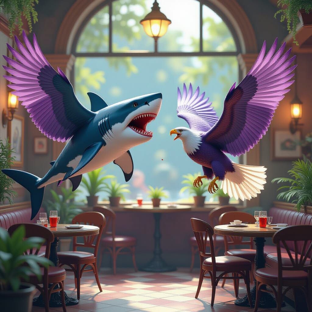 Nightmare Shark Fights Lilac Eagles in Whimsical Cafe