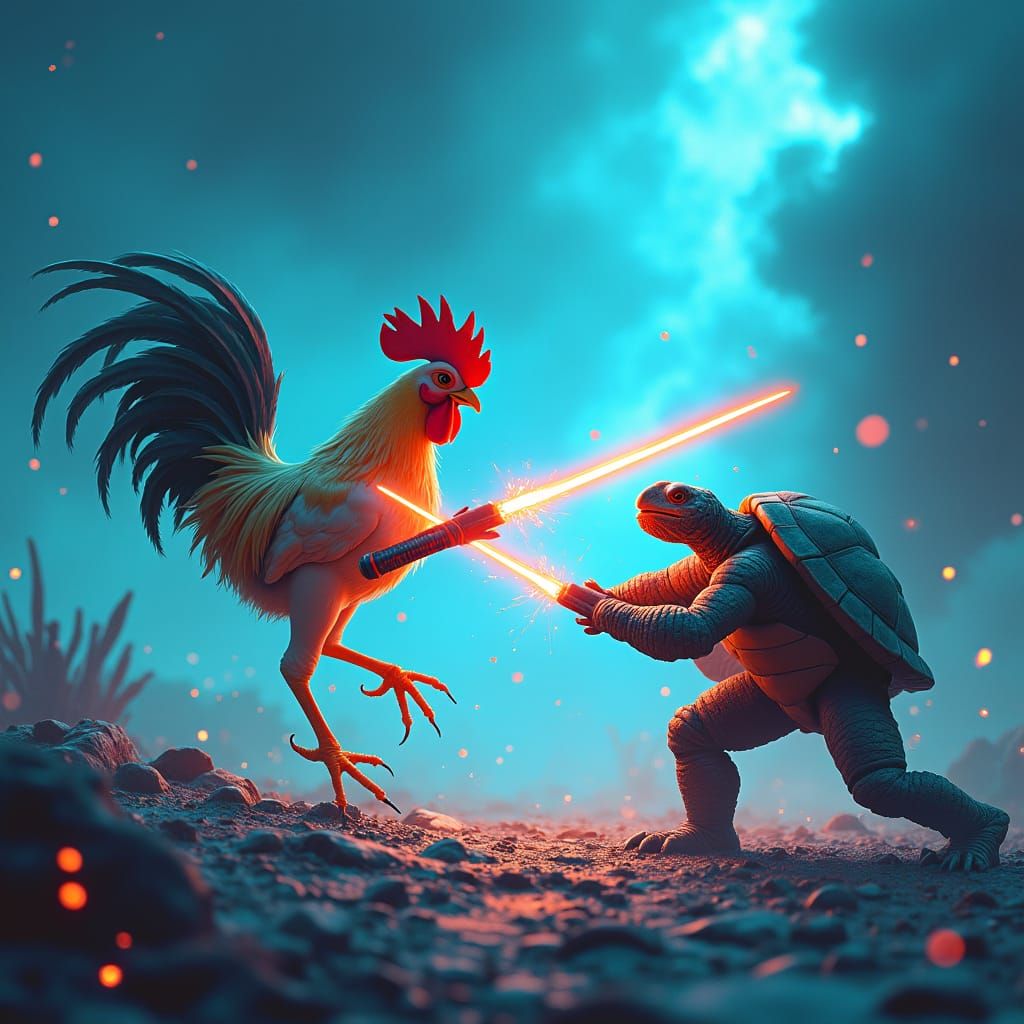 Chicken and Turtle Duel with Laser Swords, Ghibli-Inspired