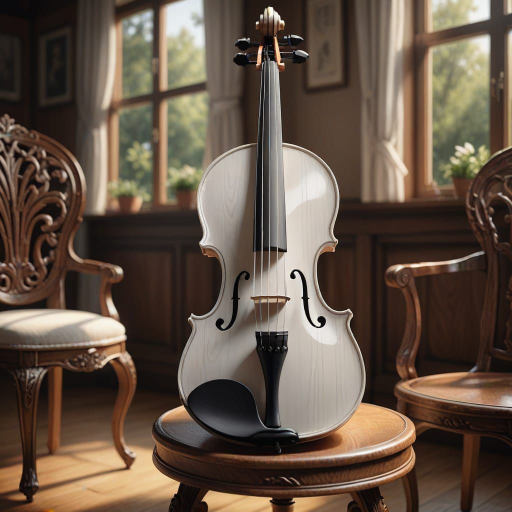 White Violin on Wooden Chair: Detailed Digital Painting