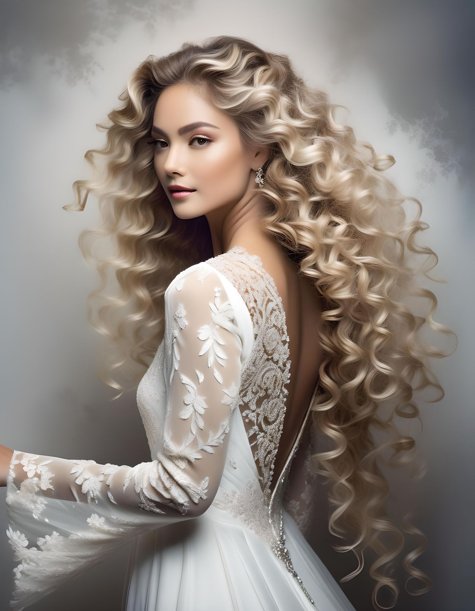 Woman in White Gown with Flowing Hair