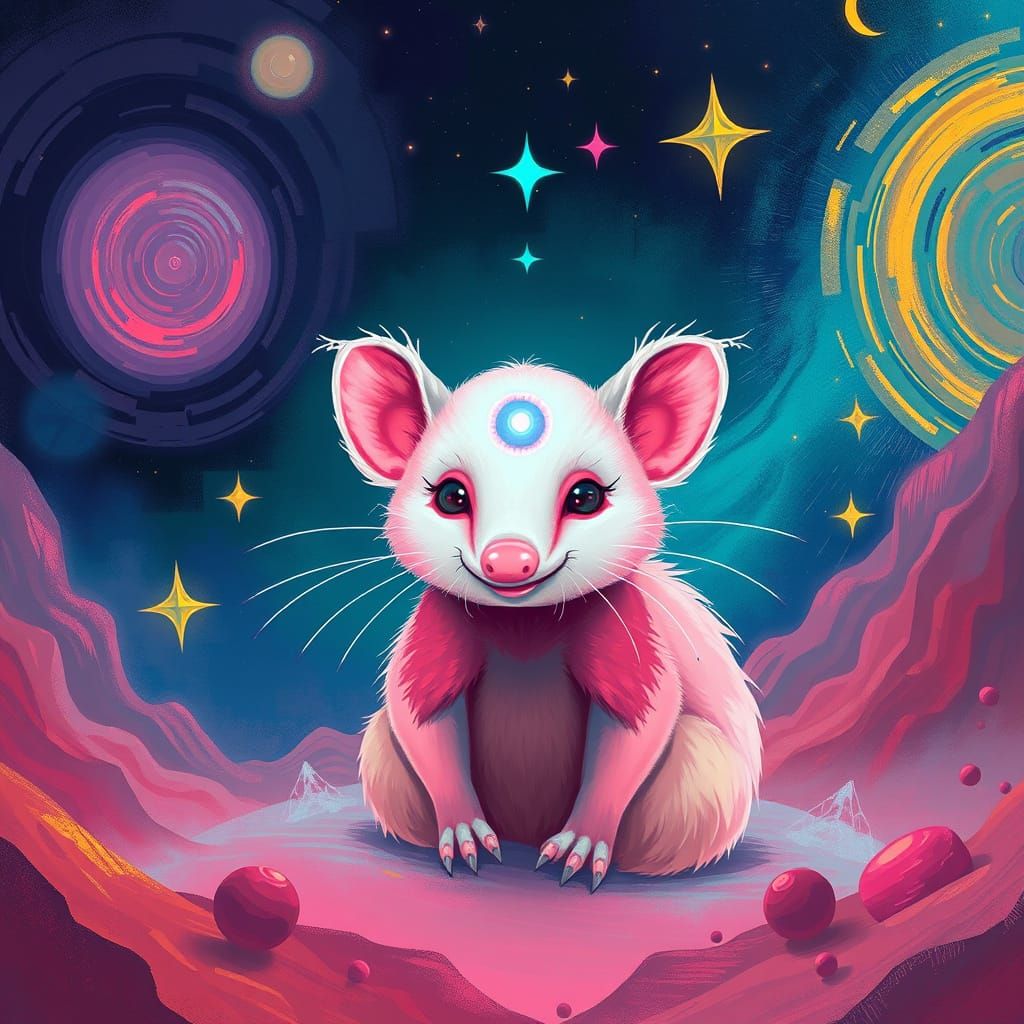 Futuristic Pink Opossum Radiates Cosmic Enlightenment