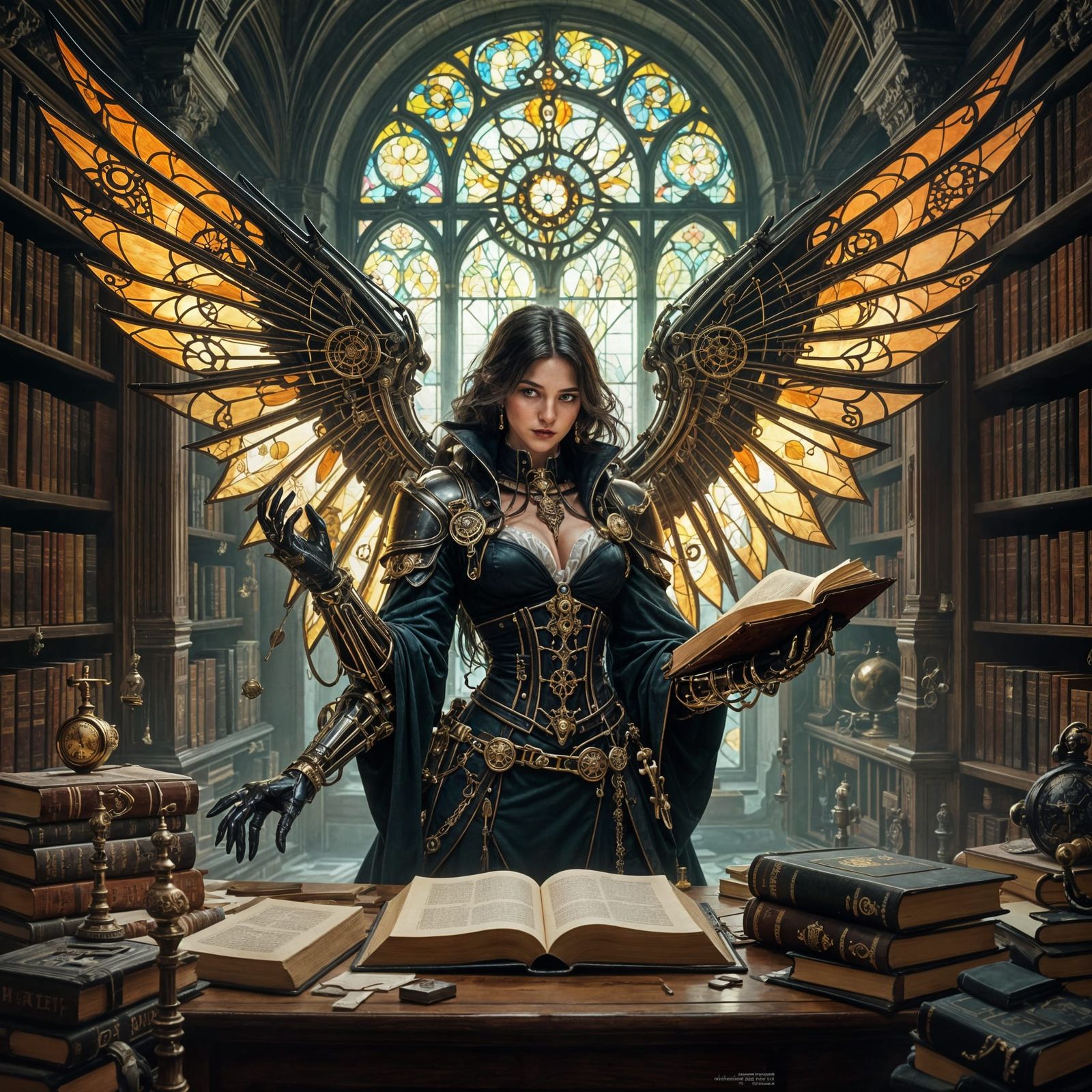 Gothic Artificer in Grand Library with Clockwork Wings