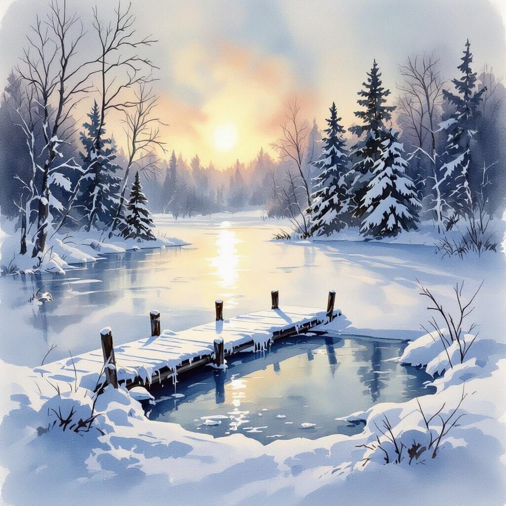 Aquarelle Winter Pond Scene with Snowy Forest