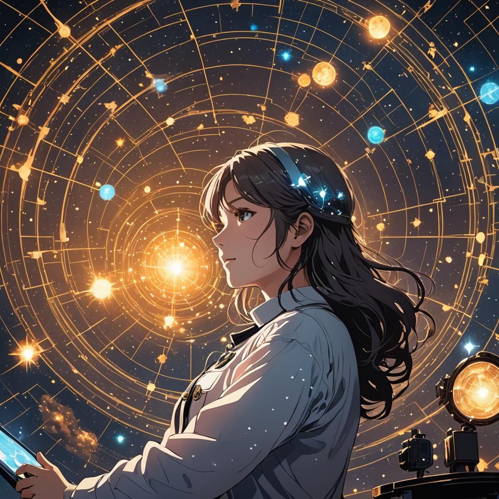 Woman Scientist Projecting Star Map in Anime Style