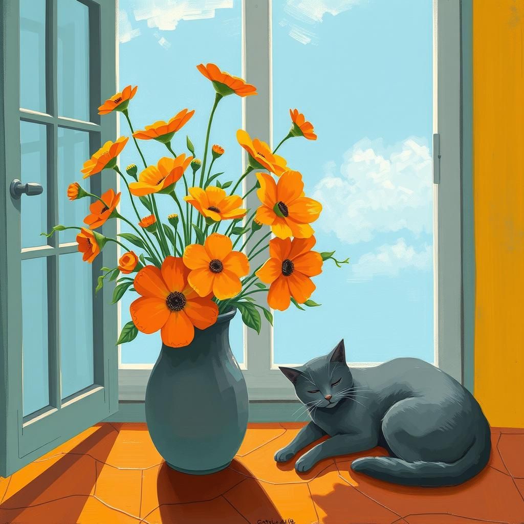 Art Deco Orange Bouquet with Sleeping Cat
