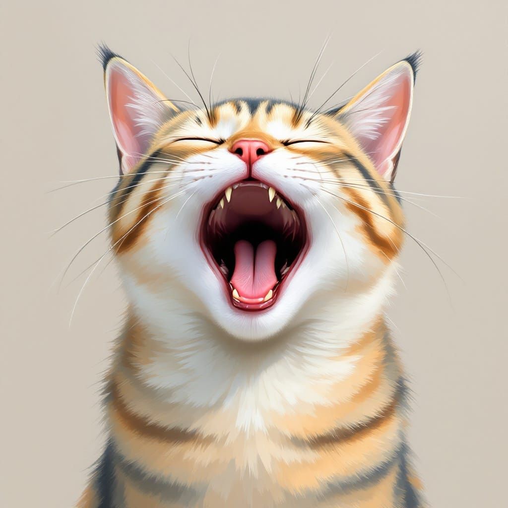A cat yawning with closed eyes, soft strokes, oil painting of pale colours.