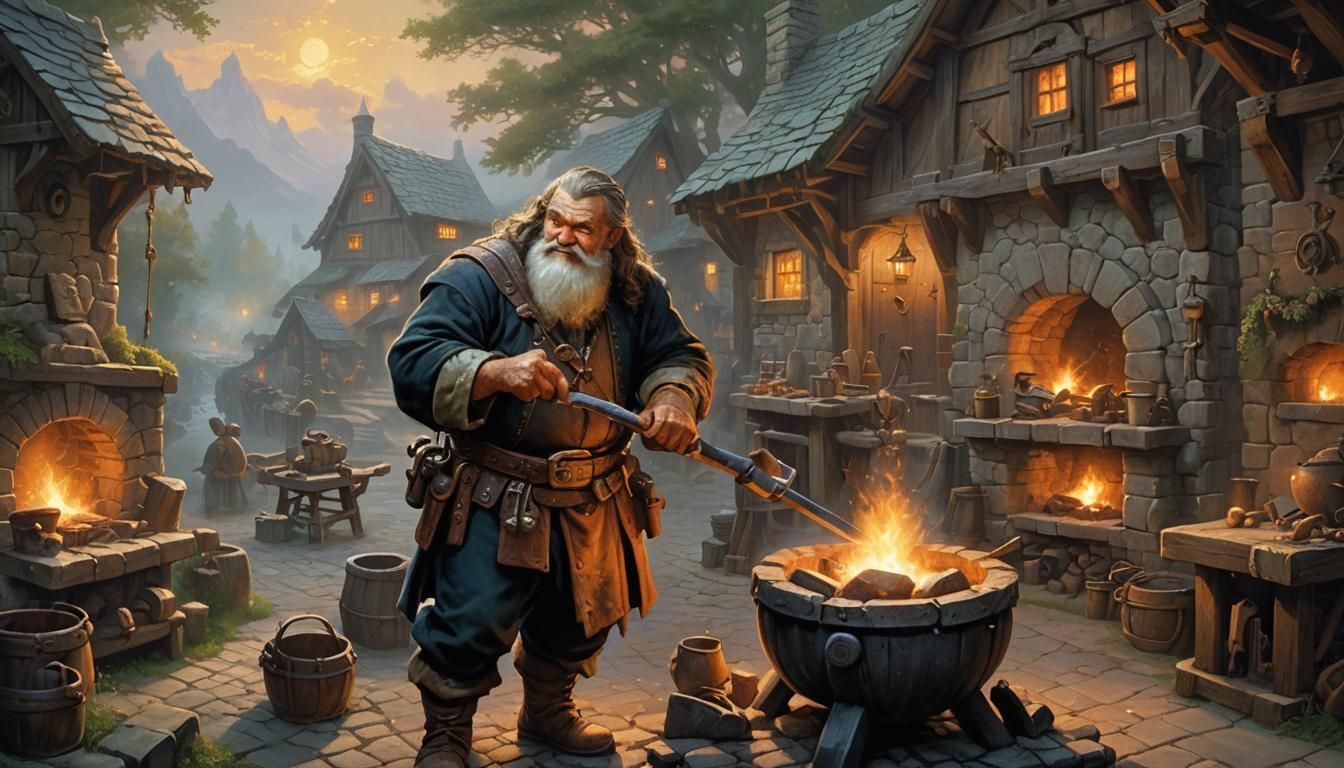 Jovial Dwarven Blacksmith in Ethereal Fantasy Style