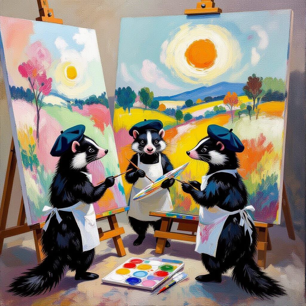 Artistic Skunks Painting Vibrant Landscape in Abstract Style