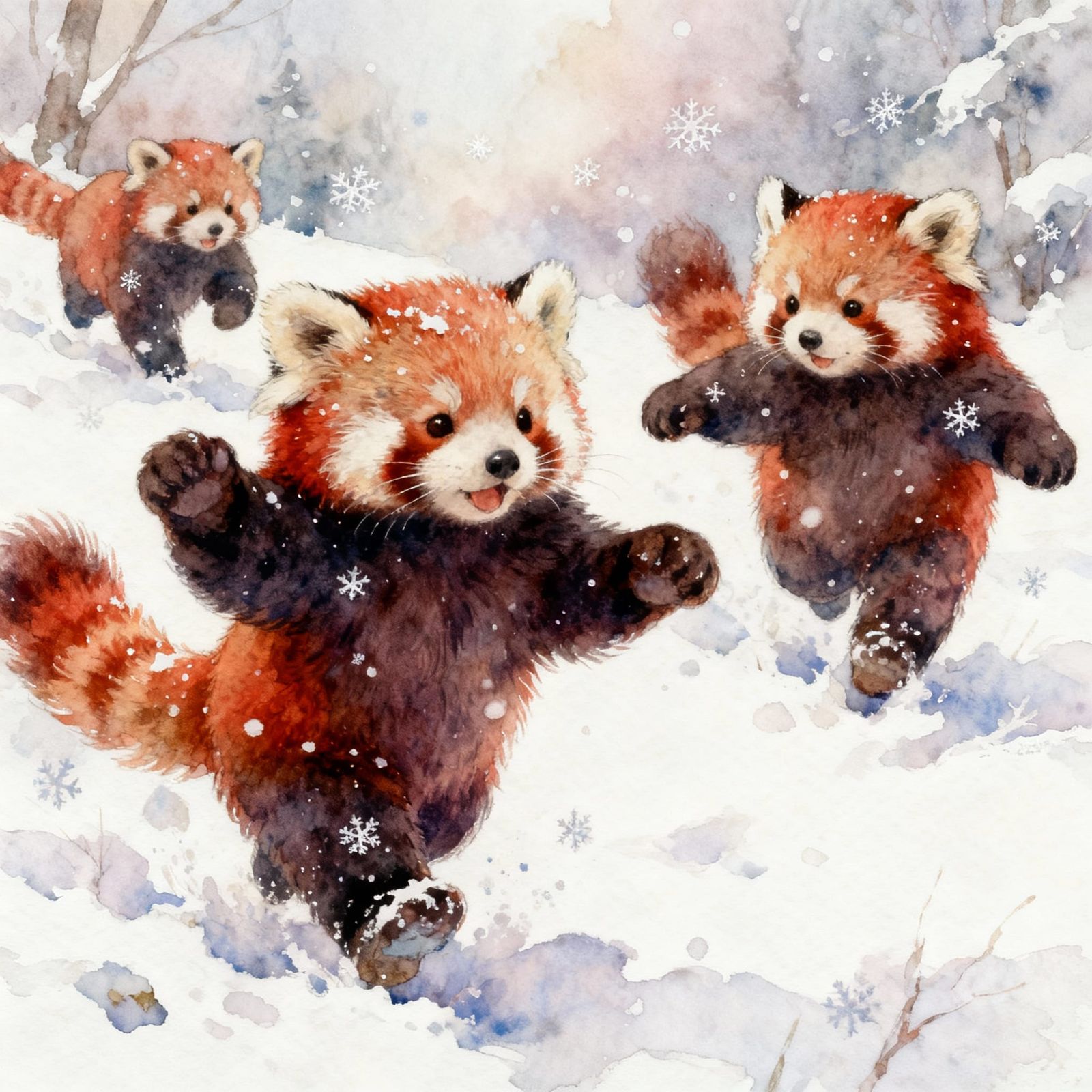 Adorable Red Panda Cubs Play in Snowy Watercolor Scene
