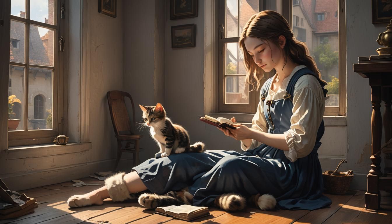 Girl Reading with Kitten: Vermeer-Inspired Anime Art