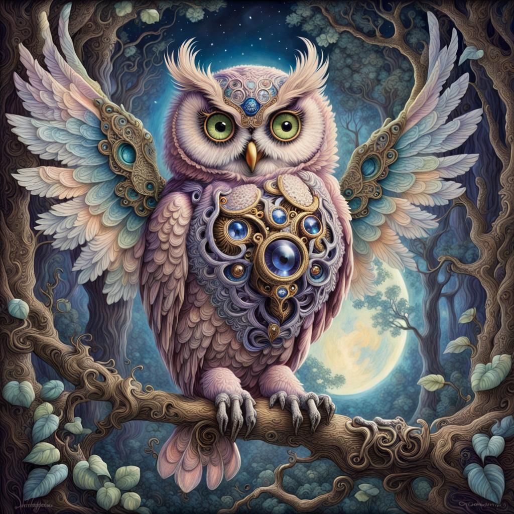 Steampunk Owl with Lace Wings in Fantasy Style