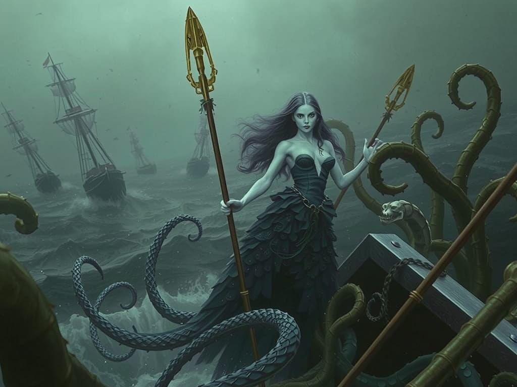 Sinister Mermaid and Spectral Ships in Stormy Sea
