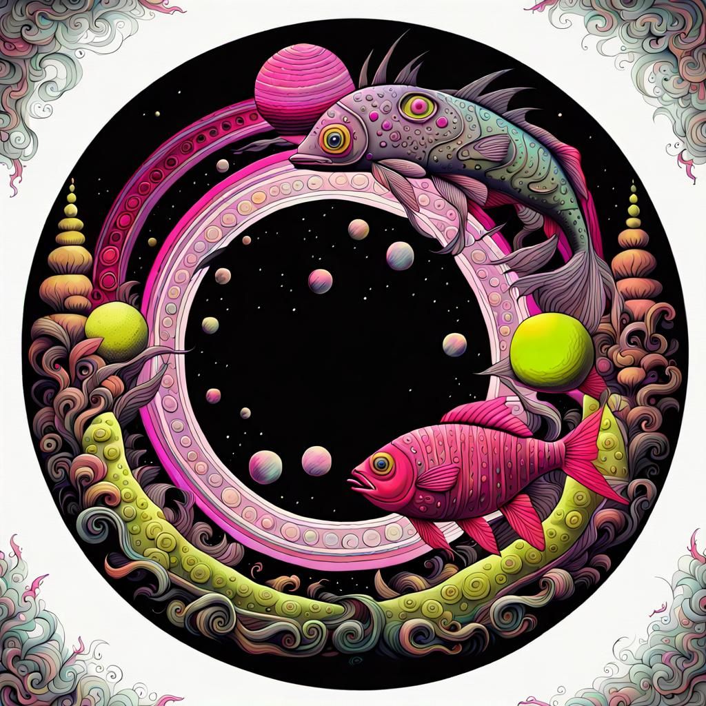 Cosmic Folk Art Landscape with Stylized Fish