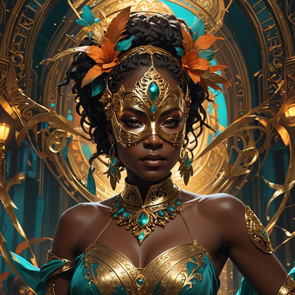 Black Woman in Gold Mask: Masquerade Ball Concept Art