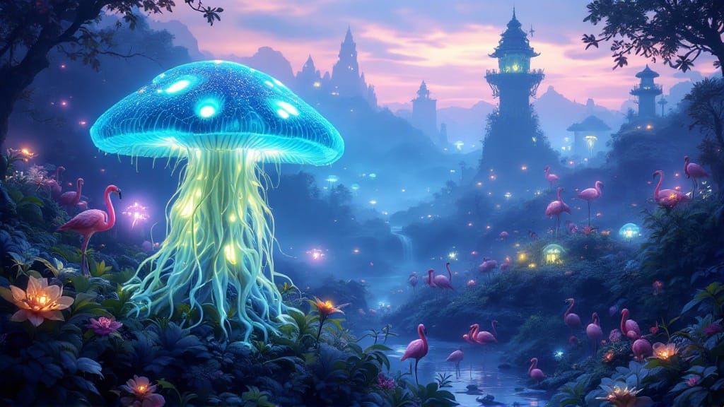 Glowing Fractal World at Dusk: Mythical Creatures Emerge in ...