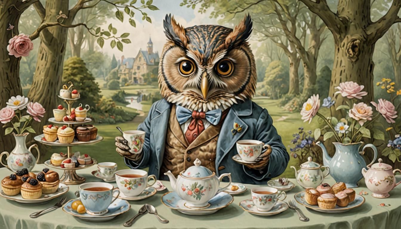 Whimsical Owl's Tea Party: Vintage Illustration